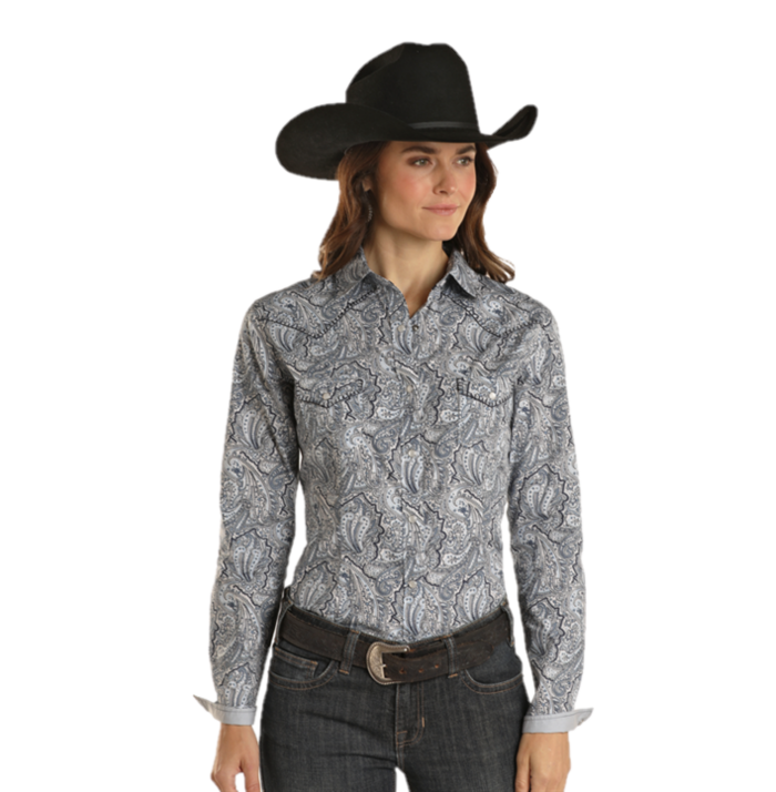 Panhandle Rough Stock Ladies Geometric Print Blue Snap Shirt RWN2S02200-45