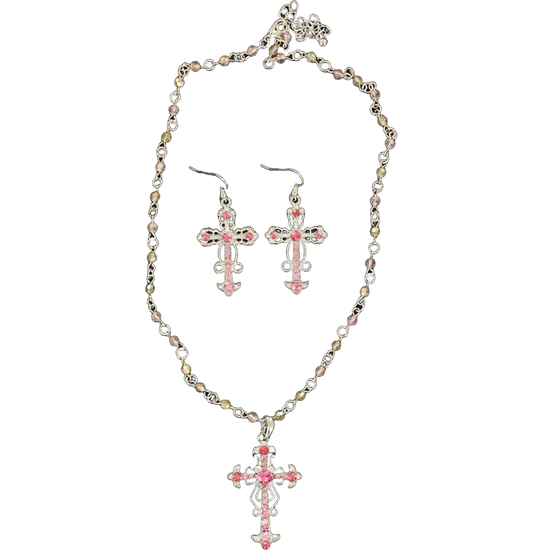 Blazin Roxx Ladies Rhinestone Cross Pendant Pink Necklace Set 3030630