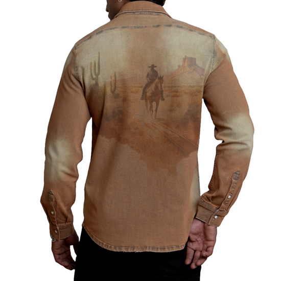 Canyon Of Heroes Men's Wild West Wheat Wash Stretch Denim Button Down Shirt WS23008-WH