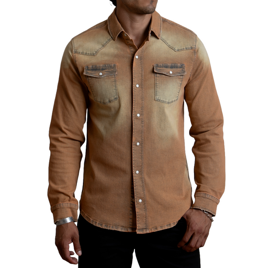 Canyon Of Heroes Men's Wild West Wheat Wash Stretch Denim Button Down Shirt WS23008-WH