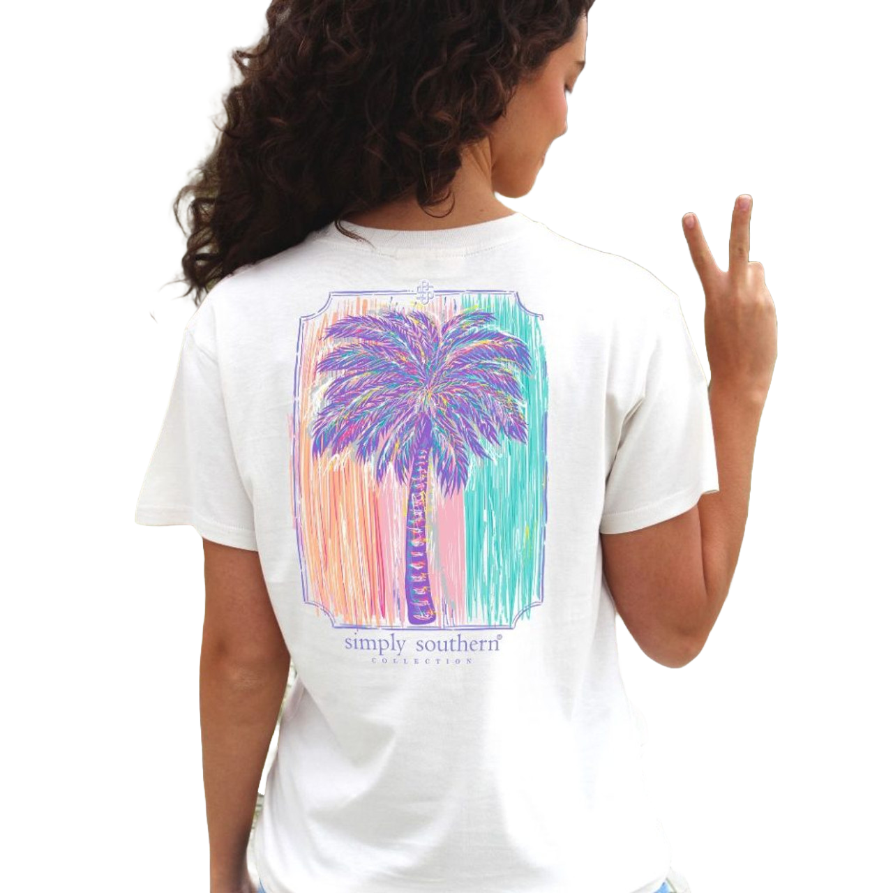 Simply Southern Ladies Multicolor Abstract Palm White T-Shirt SS-PALM-WHITE