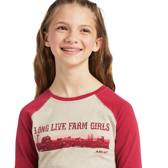 Ariat® Girl's REAL Long Live Oatmeal Heather/Red Bud T-Shirt 10039502