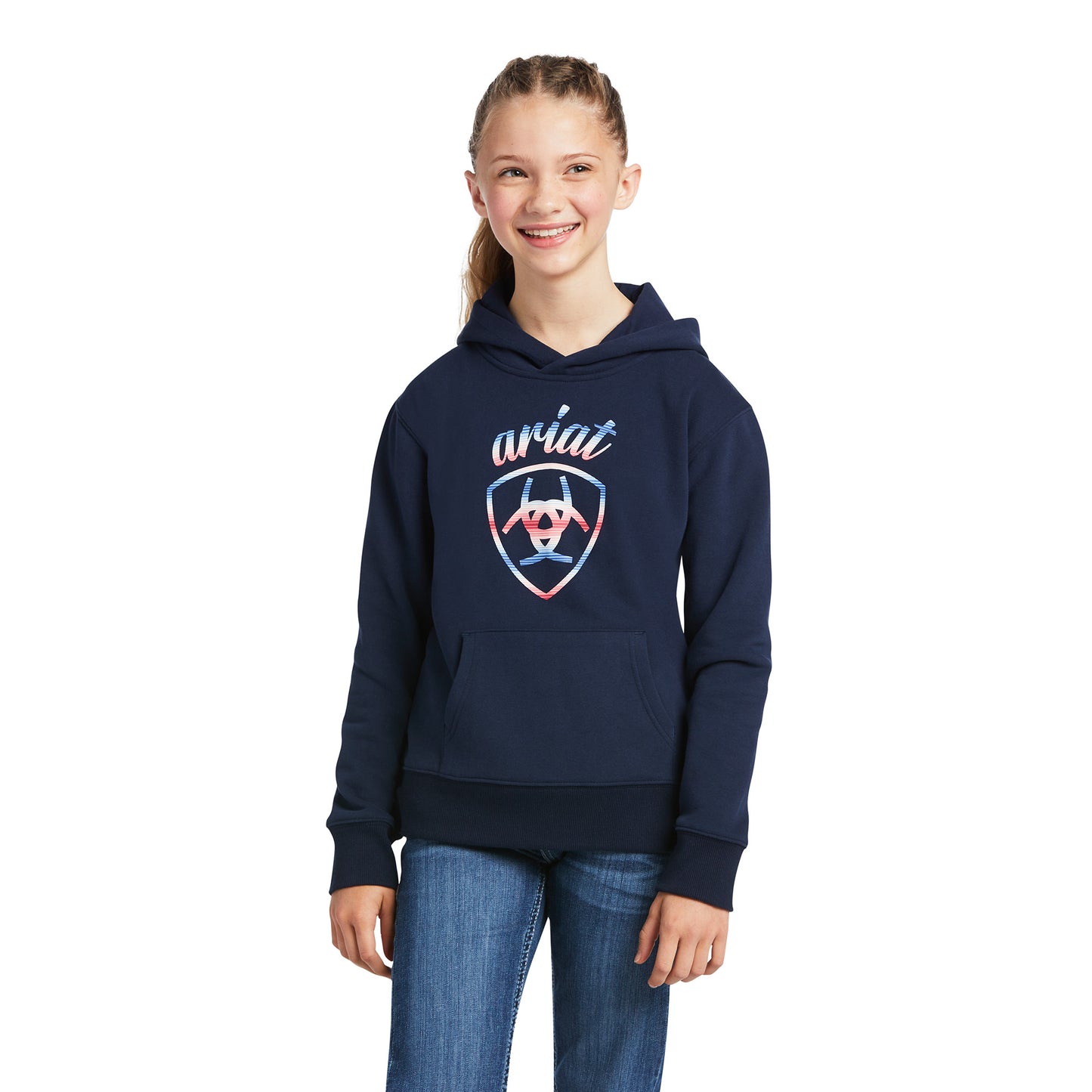 Load image into Gallery viewer, Ariat® Girl&amp;#39;s R.E.A.L™ Serape Logo  Navy Eclipse Hoodie 10039510
