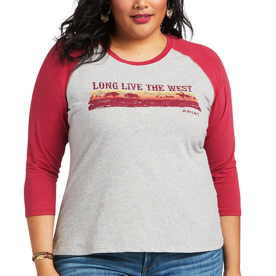 Ariat Ladies REAL Long Live Heather Grey & Red Bud Baseball T-Shirt 10039776