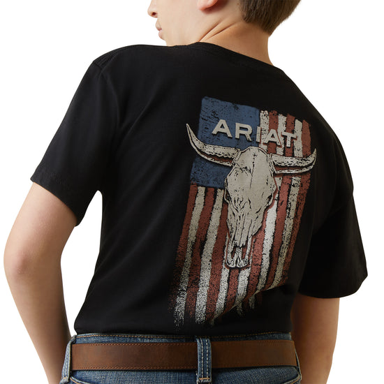 Ariat® Youth Boy's Steer Skull American Flag Black T-Shirt 10044753