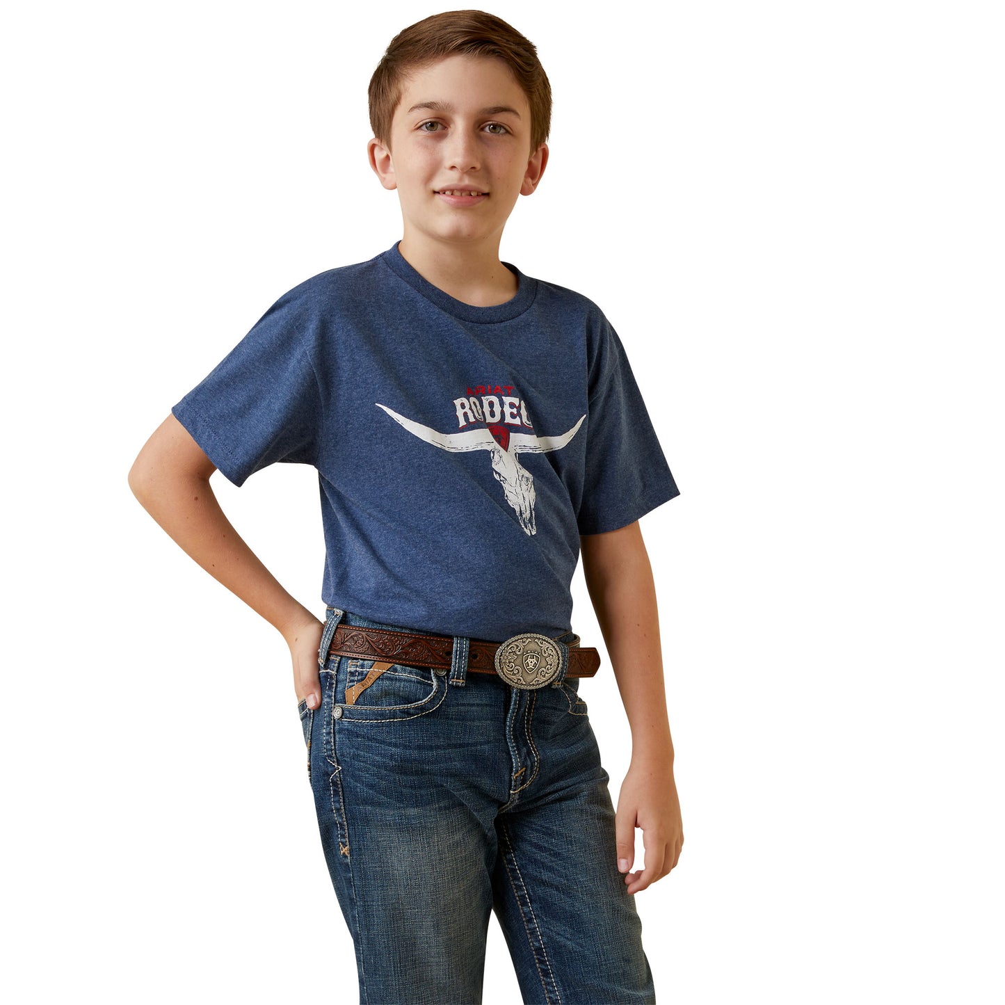 Load image into Gallery viewer, Ariat® Youth Boy&amp;#39;s Rodeo Skull Graphic Navy Heather T-Shirt 10045293
