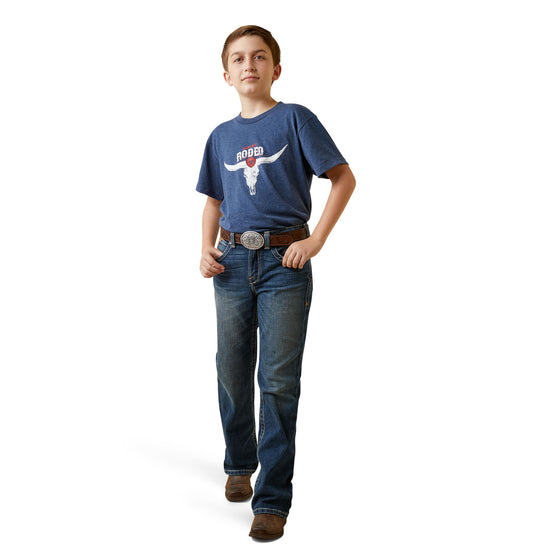 Load image into Gallery viewer, Ariat® Youth Boy&amp;#39;s Rodeo Skull Graphic Navy Heather T-Shirt 10045293
