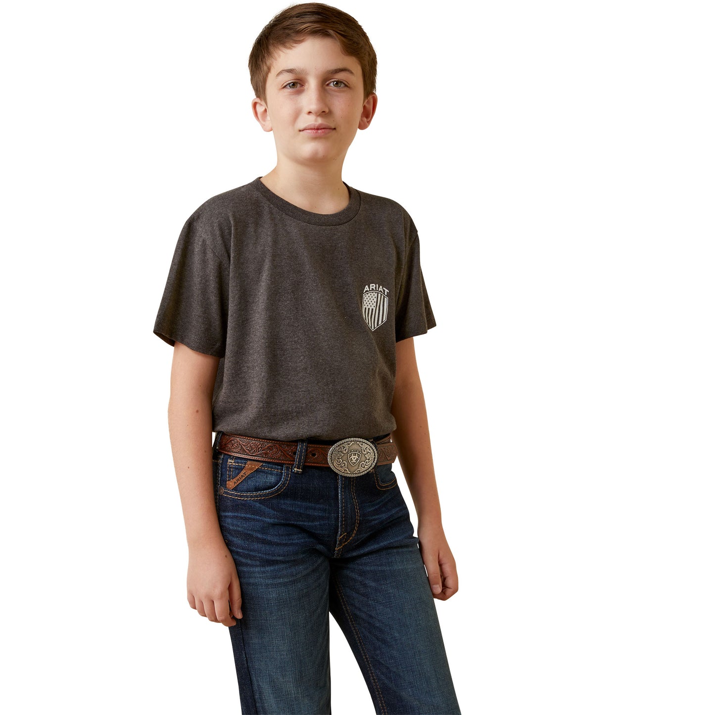 Load image into Gallery viewer, Ariat® Youth Boy&amp;#39;s Charcoal Heather Patriot Badge T-Shirt 10045315
