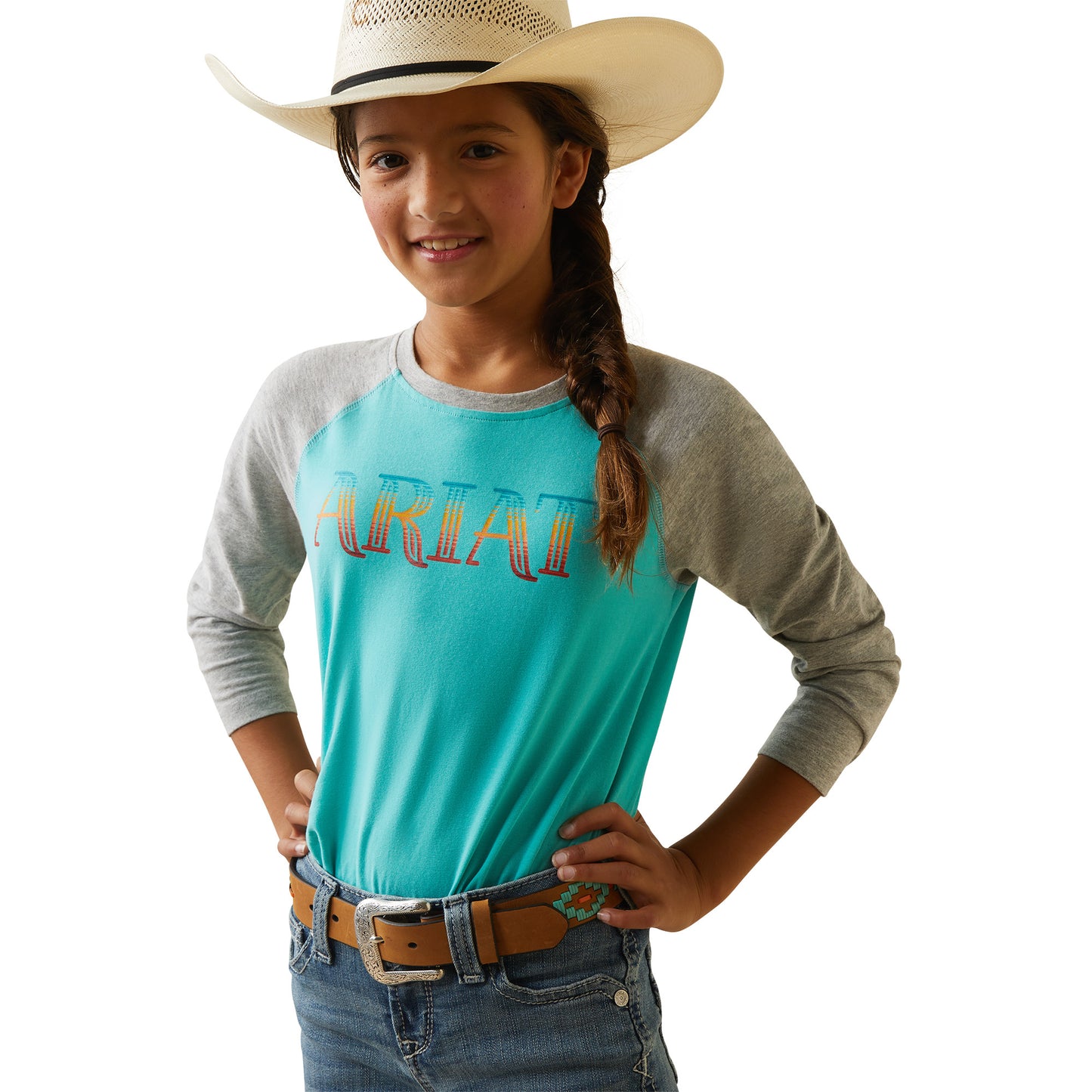 Ariat® Youth Girl's Serape Logo Blue & Grey Baseball T-Shirt 10043630
