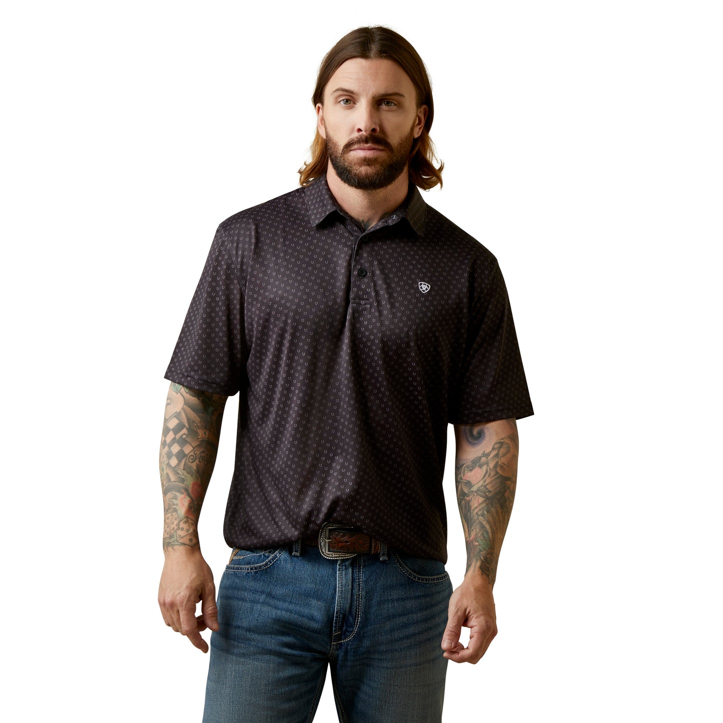 Ariat® Men's Bull Skull Print All Over Black Polo Shirt 10043336
