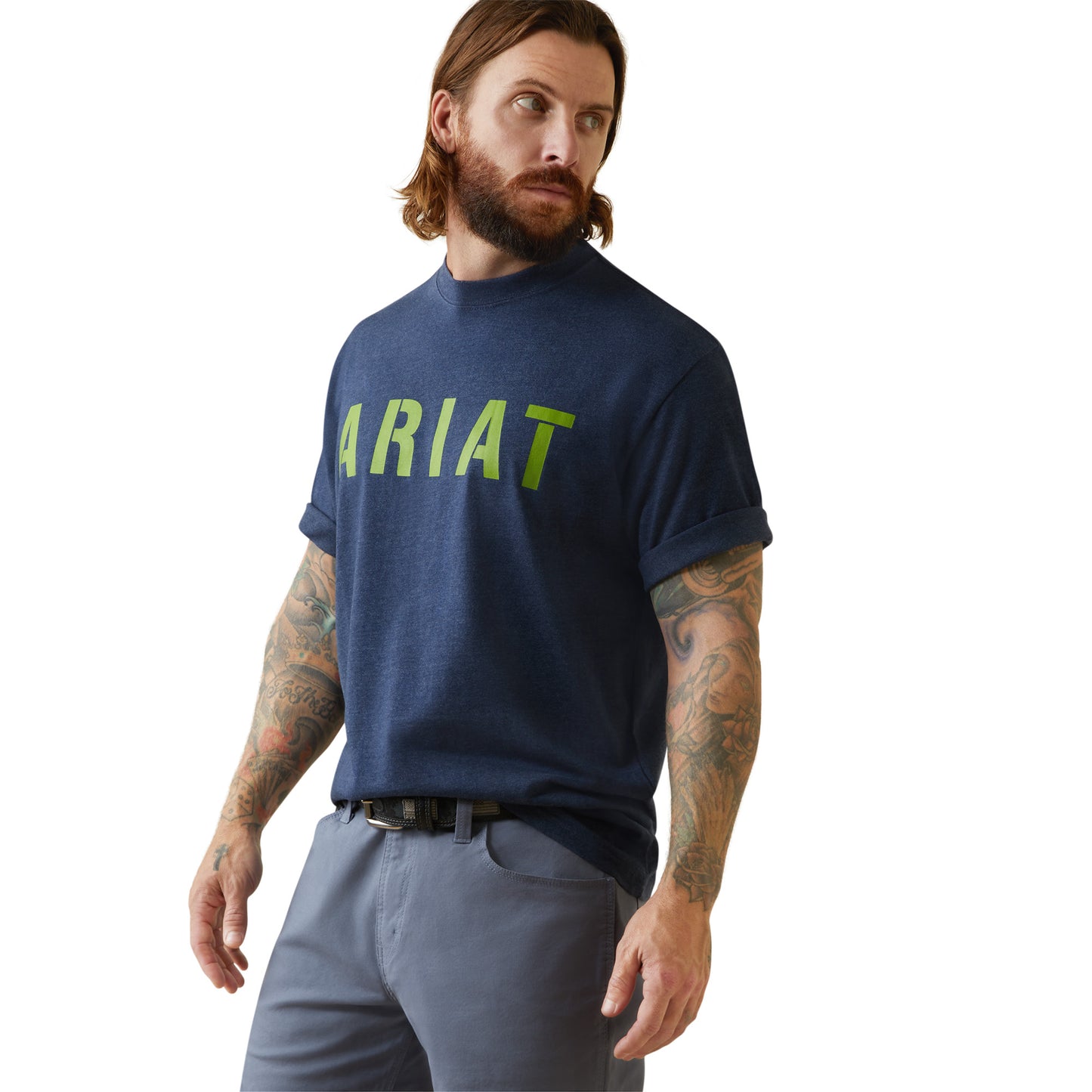 Load image into Gallery viewer, Ariat® Men&amp;#39;s Rebar Cotton Strong™ Navy Heather &amp;amp; Lime T-Shirt 10043607
