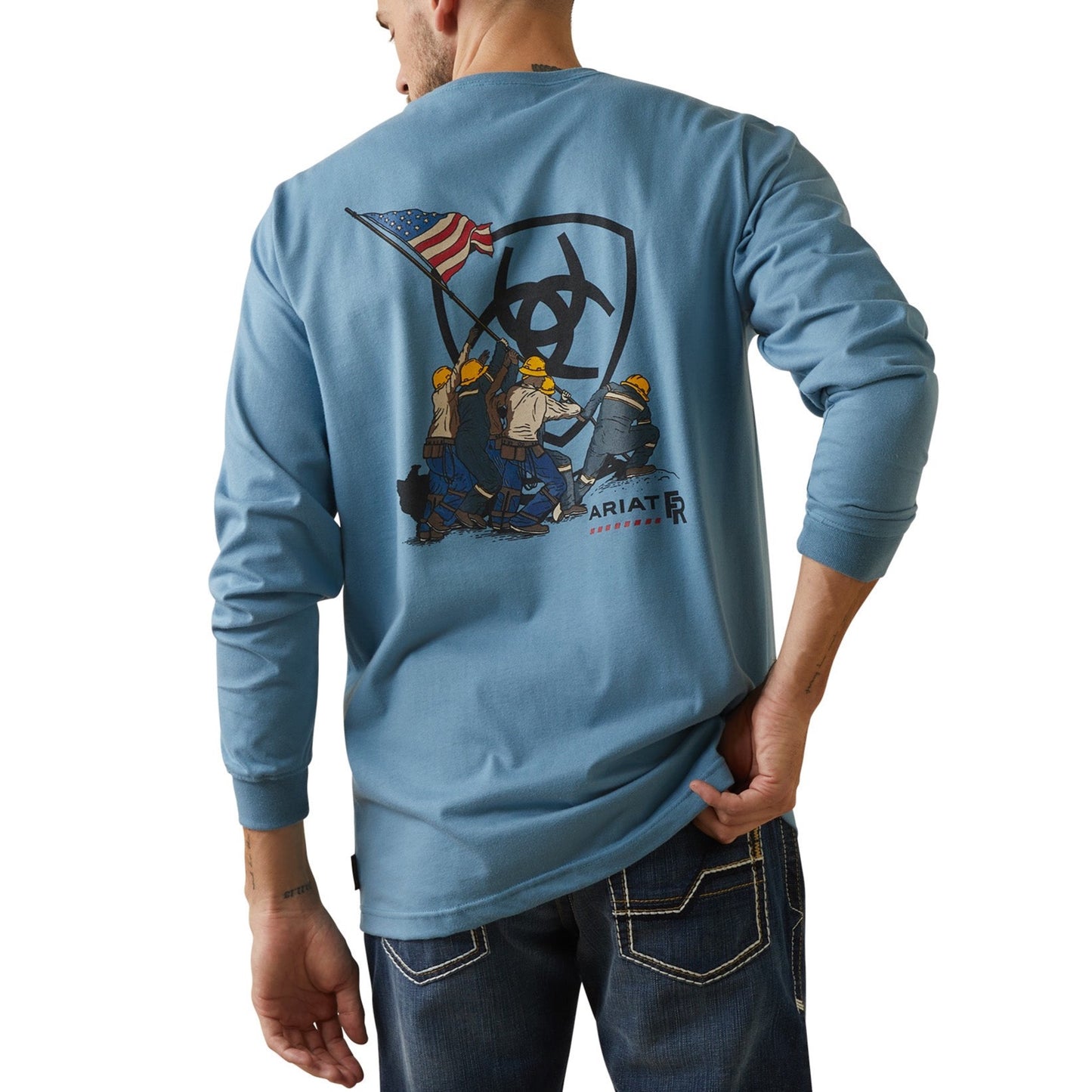 Load image into Gallery viewer, Ariat® Men&amp;#39;s FR &amp;quot;Raising The Flag&amp;quot; Graphic Steel Blue Work Shirt 10043778
