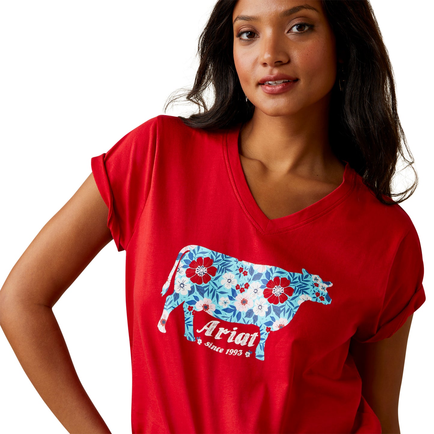 Ariat® Ladies Floral Cow Print Equestrian Red T-Shirt 10045086