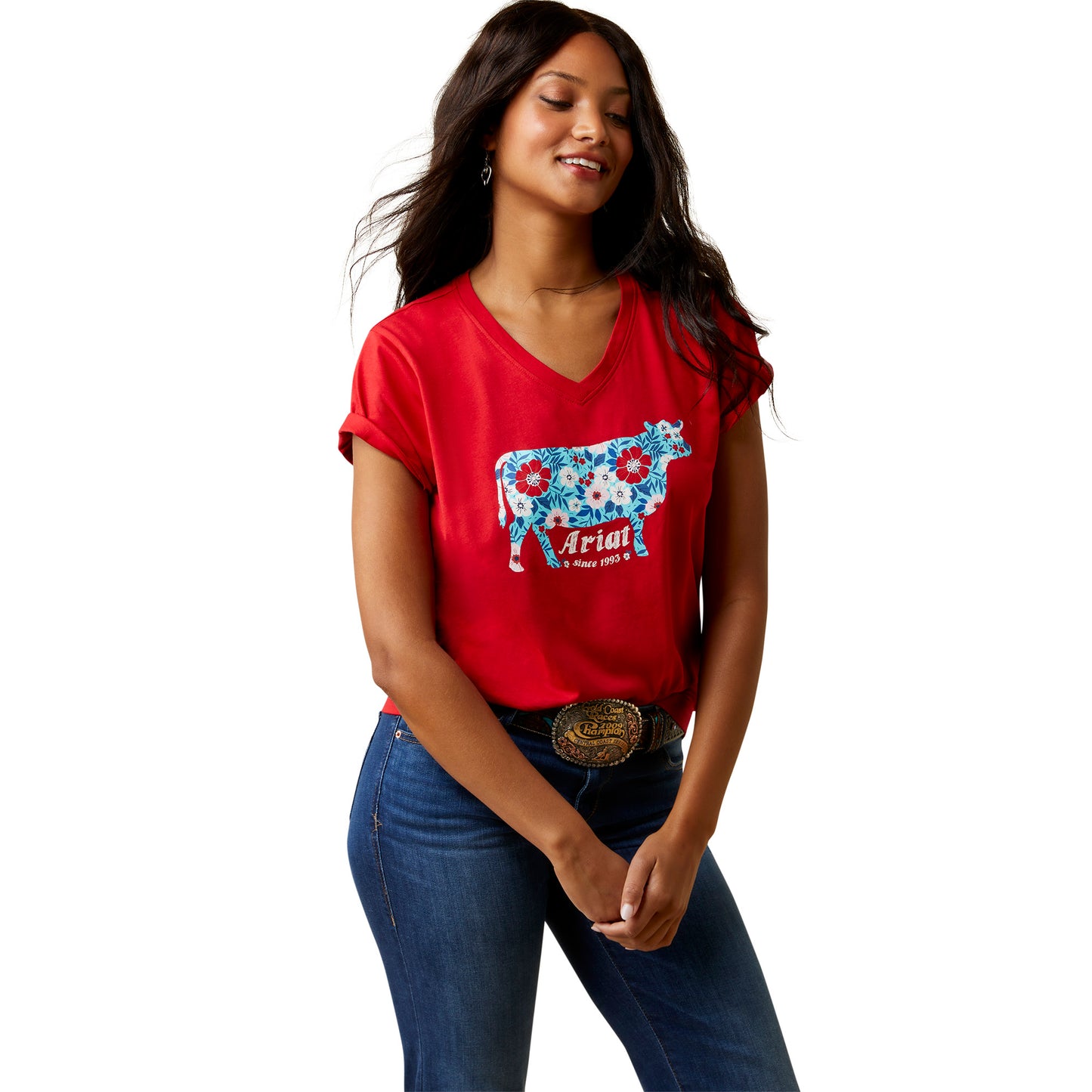 Ariat® Ladies Floral Cow Print Equestrian Red T-Shirt 10045086