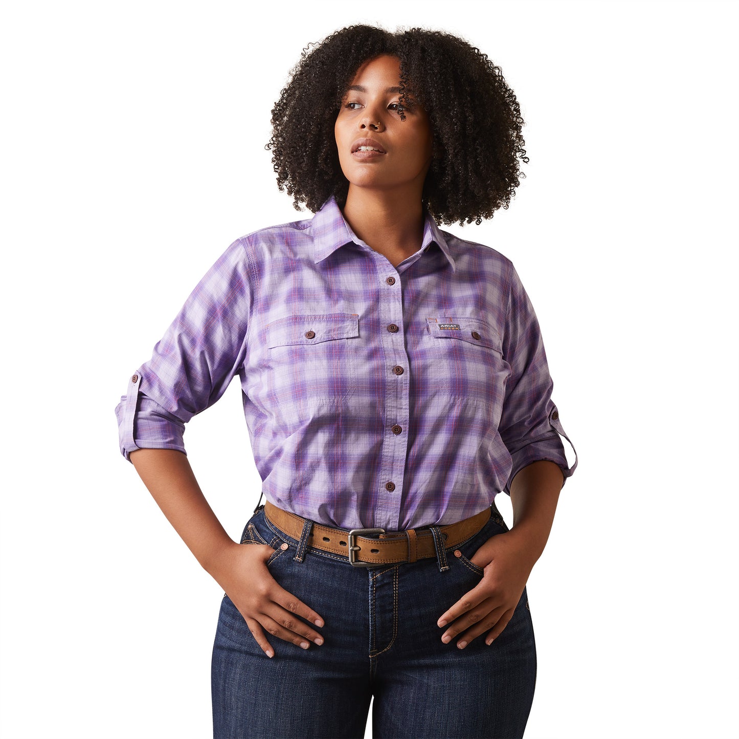 Load image into Gallery viewer, Ariat® Ladies Rebar Made Tough DuraStretch Lavender Plaid Top 10044348
