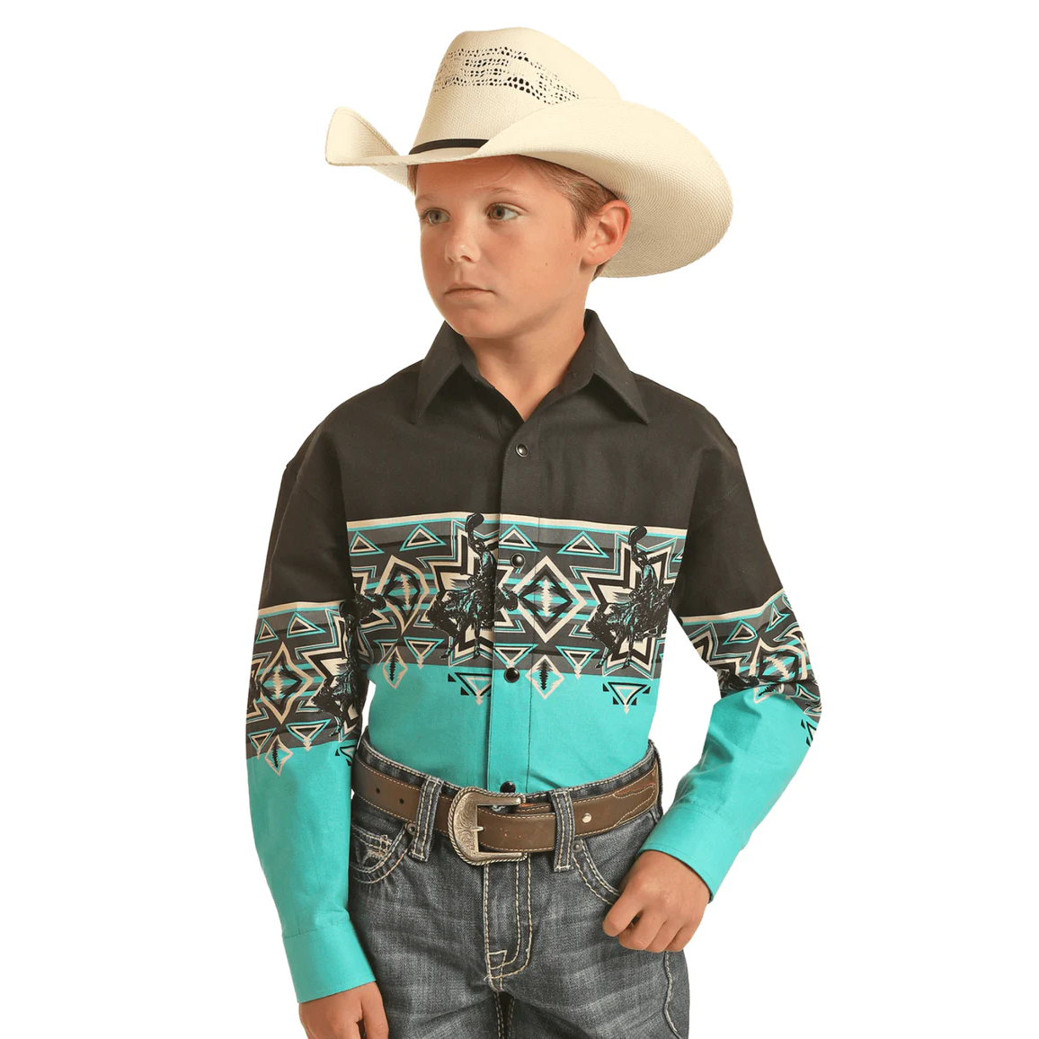 Panhandle Boy's Cowboy Border Turquoise & Black Snap Shirt SBN2S02454