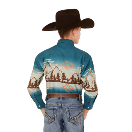 Panhandle Youth Boy's Aztec Mountain Border Blue Snap Shirt SBN2S02455