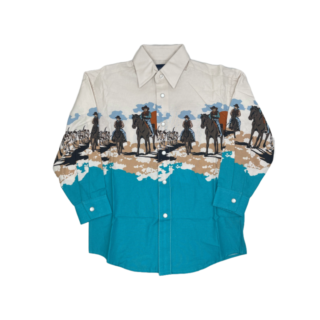 Panhandle Youth Boy's Western Cowboy Scene Turquoise Snap Shirt SBN2S02643
