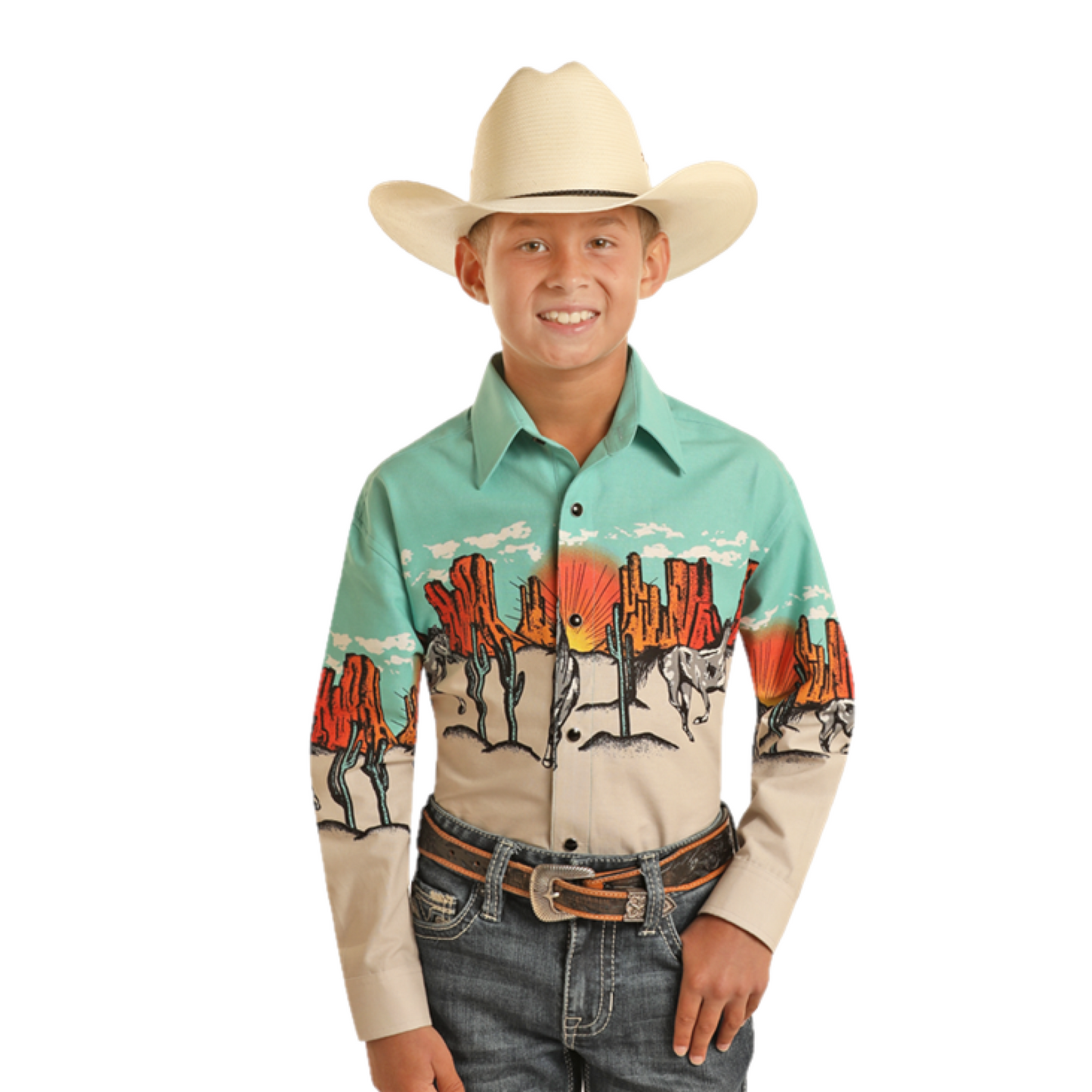 Panhandle Boys Sunset Border Turquoise Button Down Shirt SBN2S03211