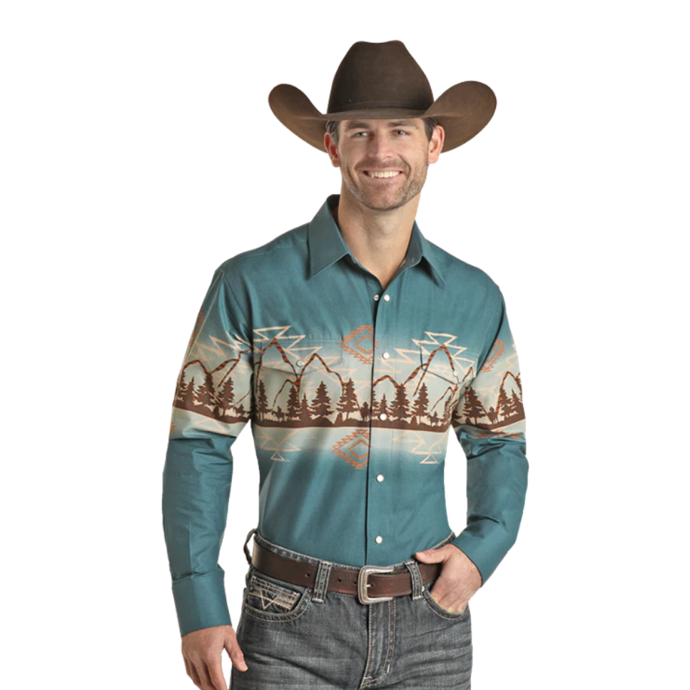 Panhandle Men's Aztec Mountain Border Blue Snap Shirt SMN2S02455