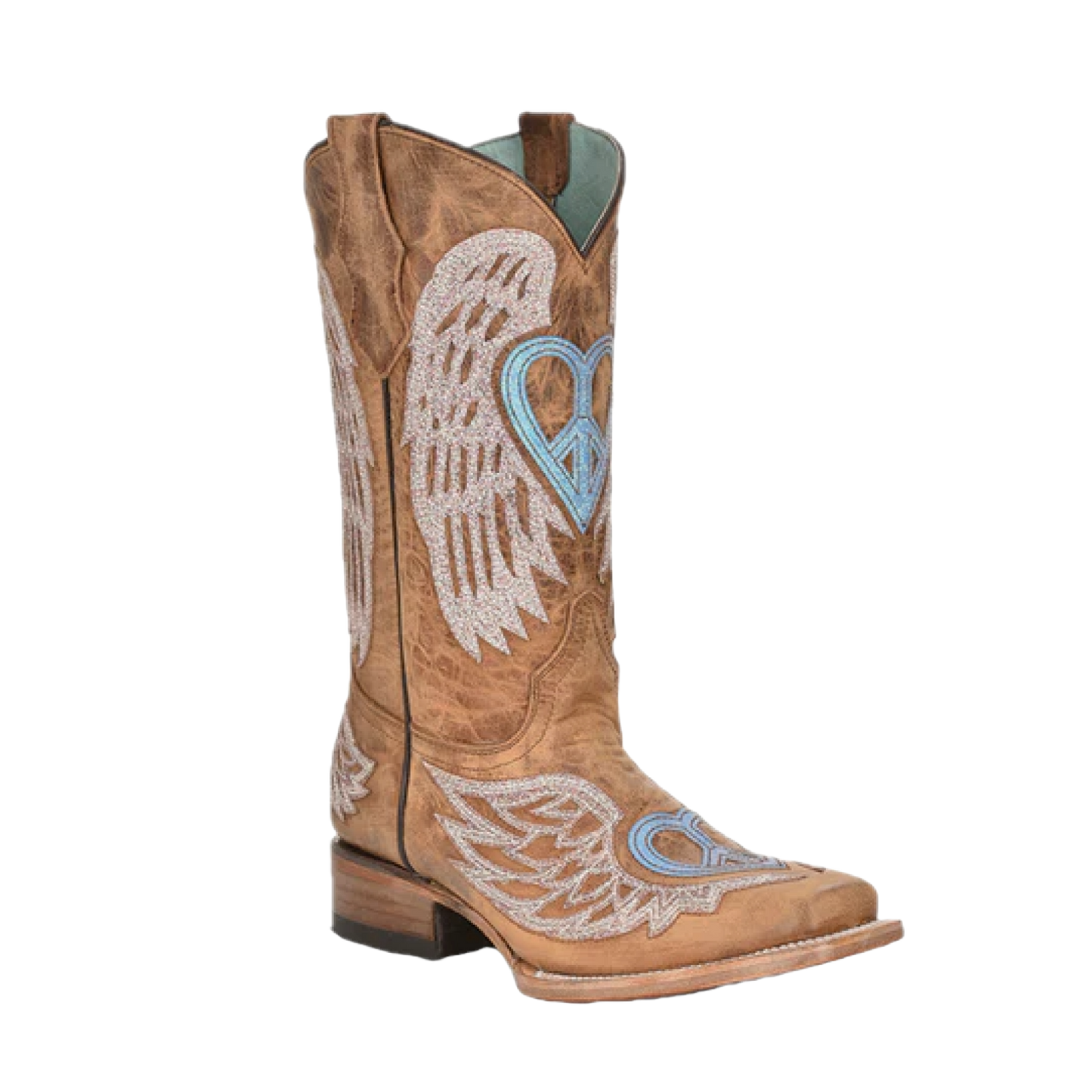 Corral Youth Glitter Cross & Wings Overlay Brown Snip Toe Boots T0144