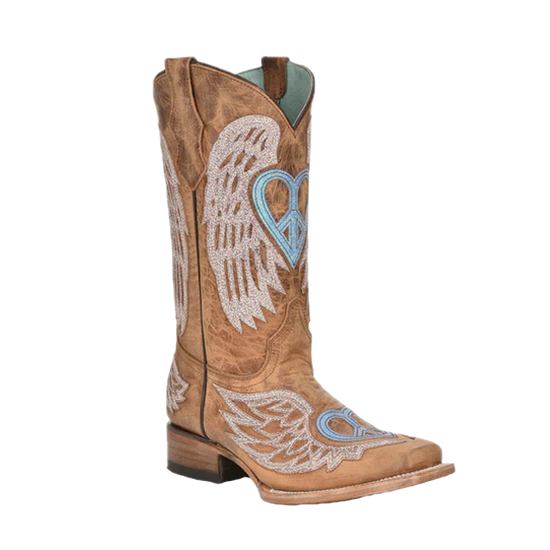 Corral Youth Glitter Cross & Wings Overlay Brown Snip Toe Boots T0144