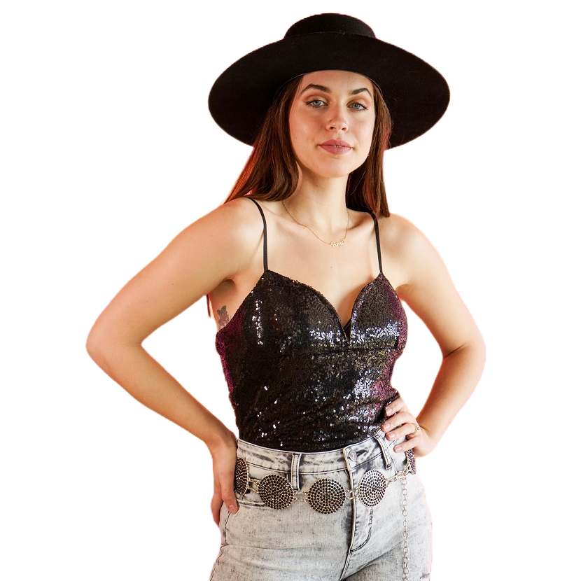 Lucky & Blessed Ladies Black Sequin Spaghetti Strap Bodysuit TO137-BLK –  Wild West Boot Store
