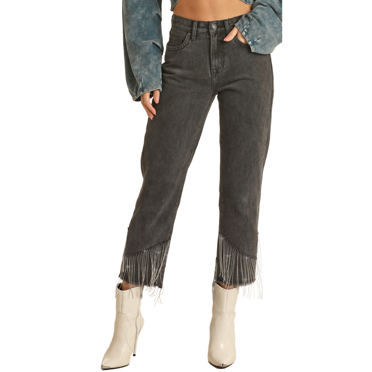 Rock & Roll Denim Ladies High Rise Chain Fringe Straight Cropped Jeans RRWD9HRZQV
