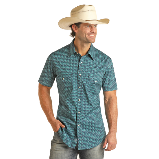 Rock & Roll Cowboy® Men's Turquoise Horseshoe Print Shirt RRMS1SRZ80-86