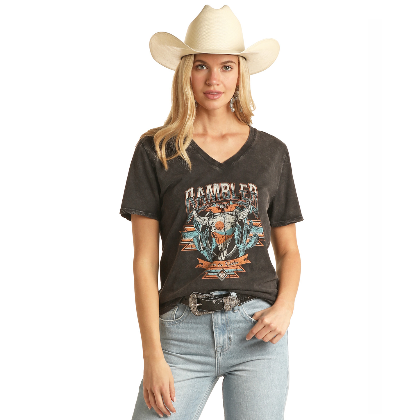 Rock & Roll® Ladies Bull Skull Graphic Black T-Shirt RRWT21RZOG