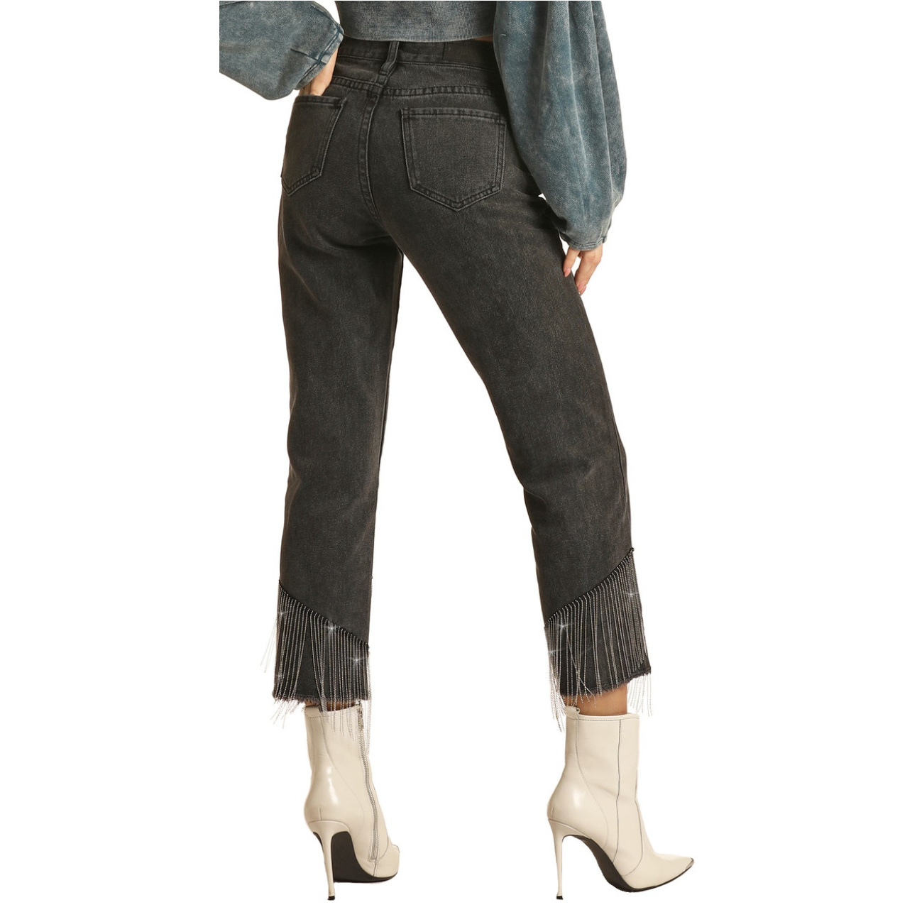 Rock & Roll Denim Ladies High Rise Chain Fringe Straight Cropped Jeans RRWD9HRZQV