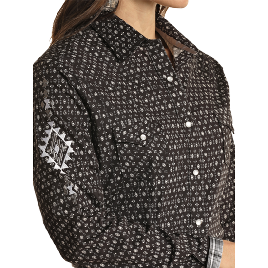 Panhandle Rough Stock Ladies Geometric Print Black Snap Shirt RWN2S02220-01