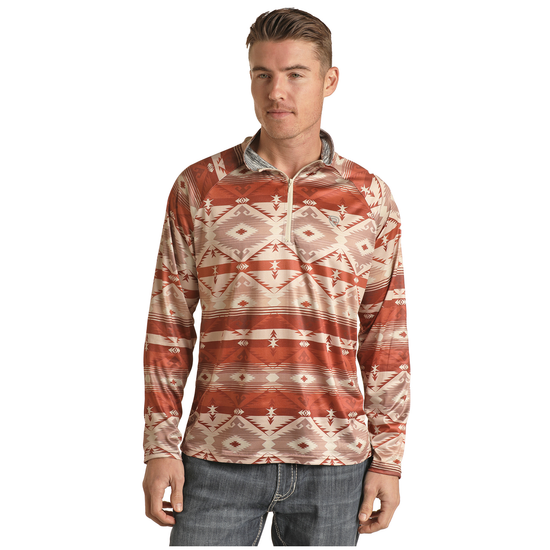 Rock & Roll Men's Long Sleeve Aztec Print Taupe Pullover RRMT91R06K-26