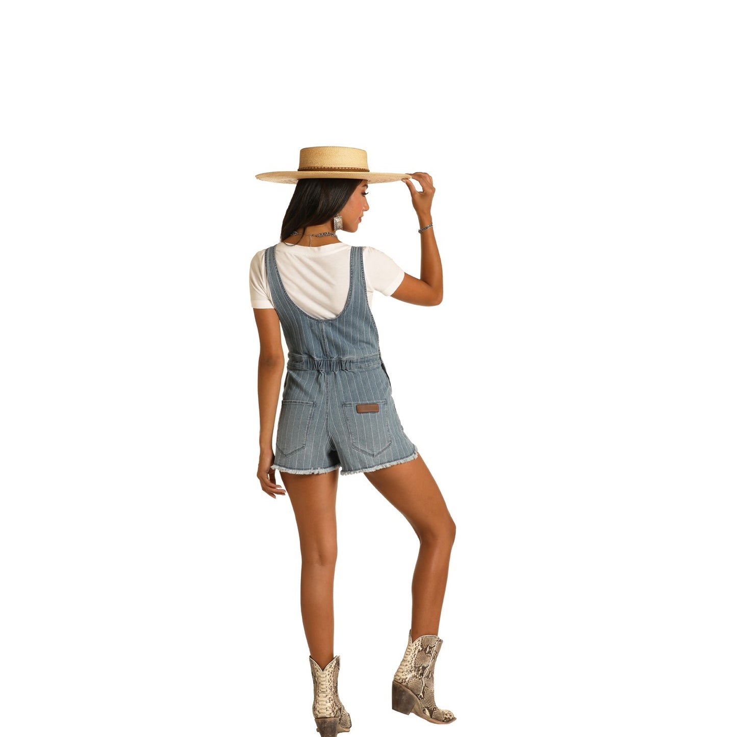 Rock & Roll Cowgirl Ladies Striped Denim Short Overalls WA-9752