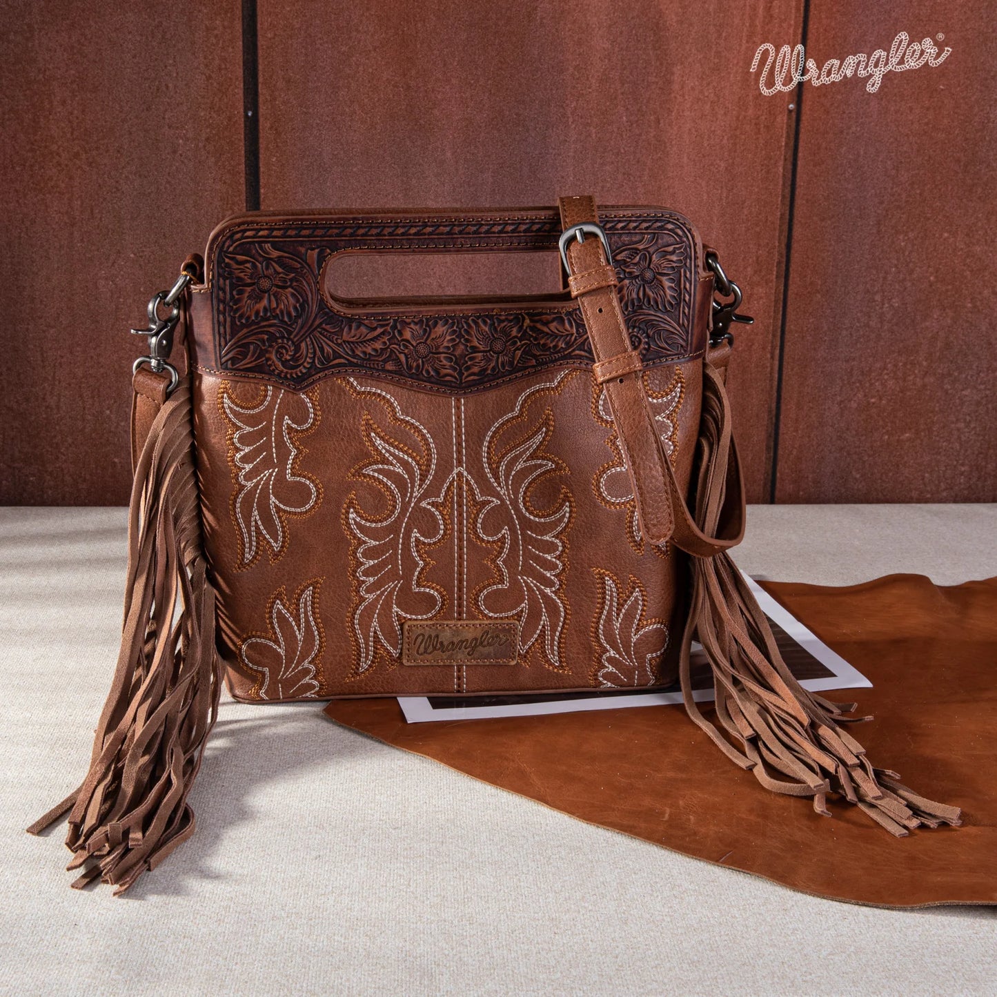 Wrangler Ladies Western Tooled Fringe Brown Crossbody Bag WG110-G2010BR