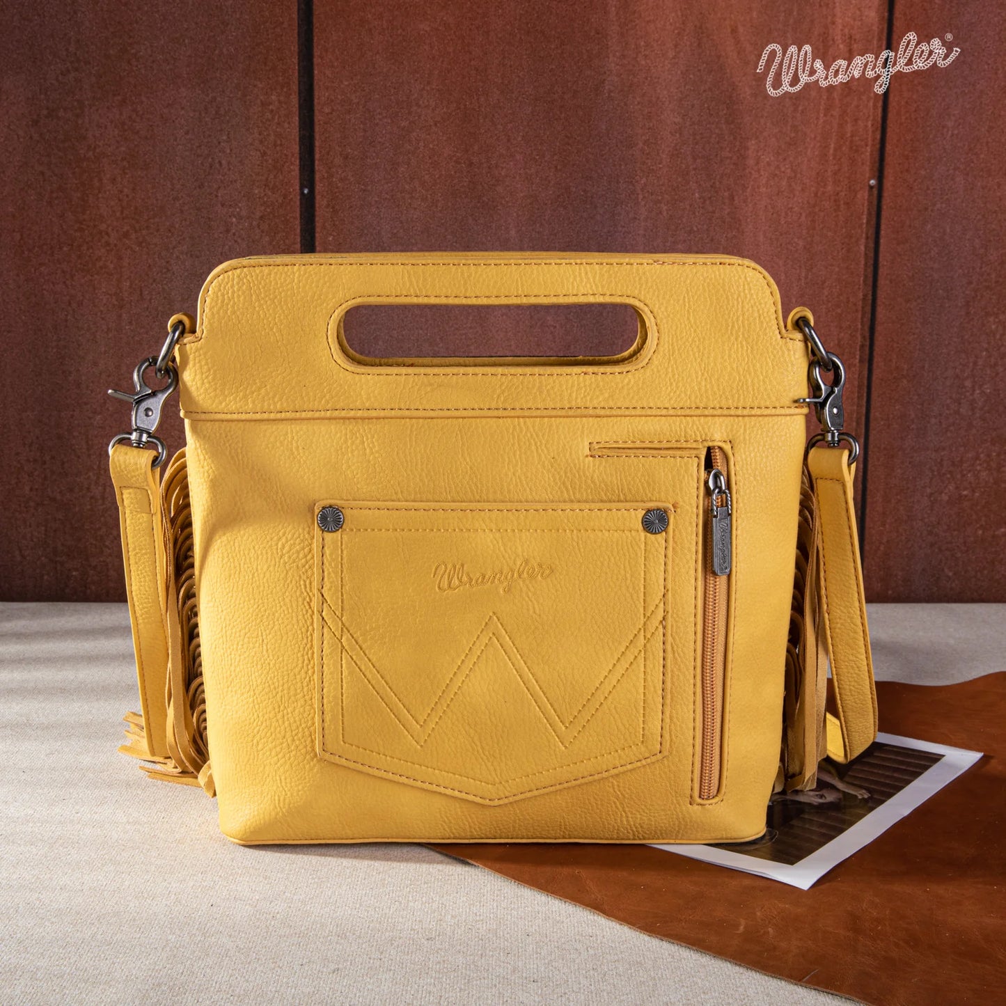 Wrangler Ladies Western Tooled Fringe Mustard Yellow Crossbody Bag WG110-G2010MST