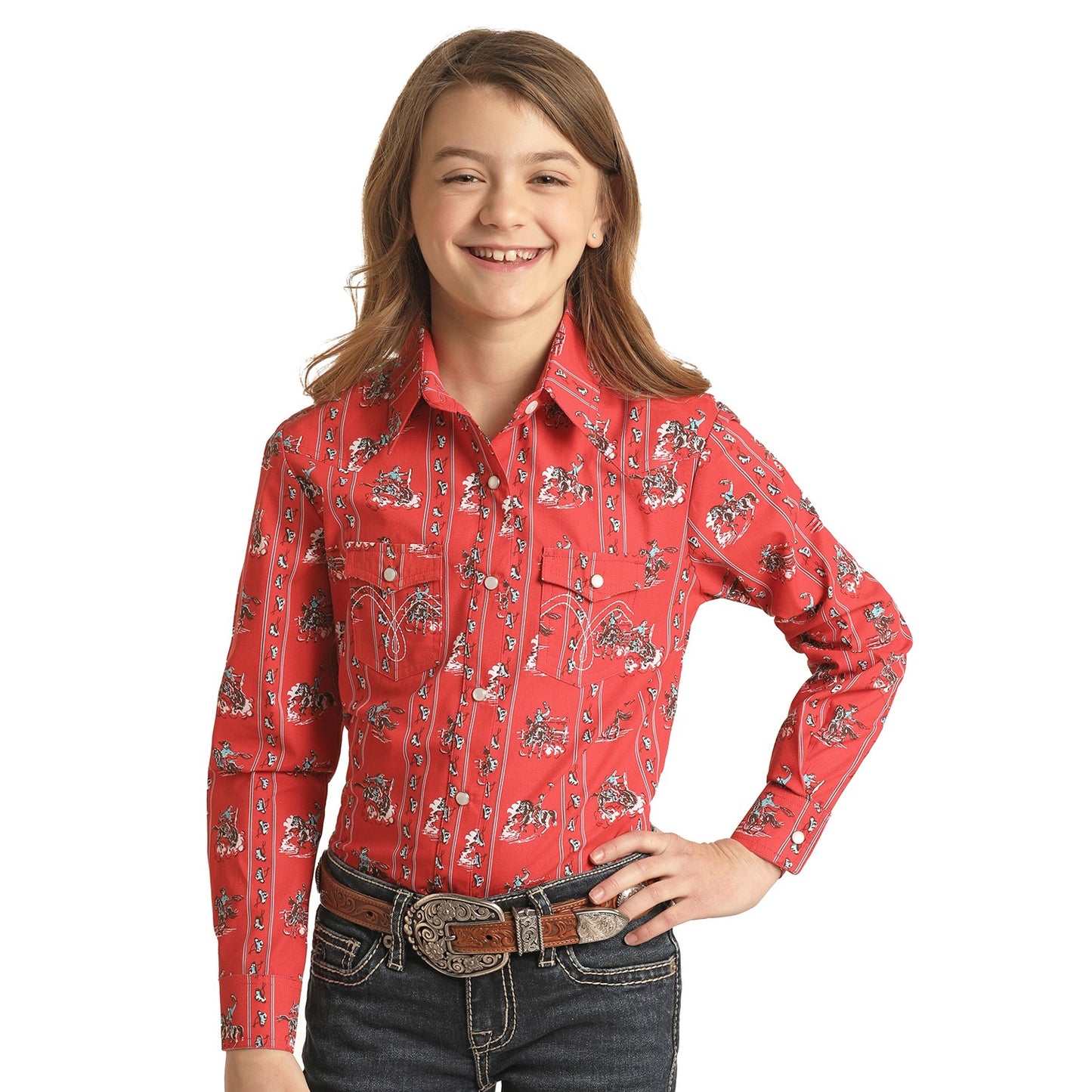 White Label by Panhandle Girl's Horse Pattern Red Snap Button Down Shirt WLGSOSR0N2