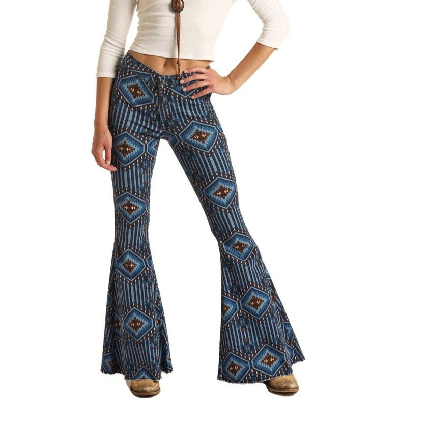 Rock & Roll Women's High Rise Extra Stretch Aztec Print Denim Bell Bottom Jeans