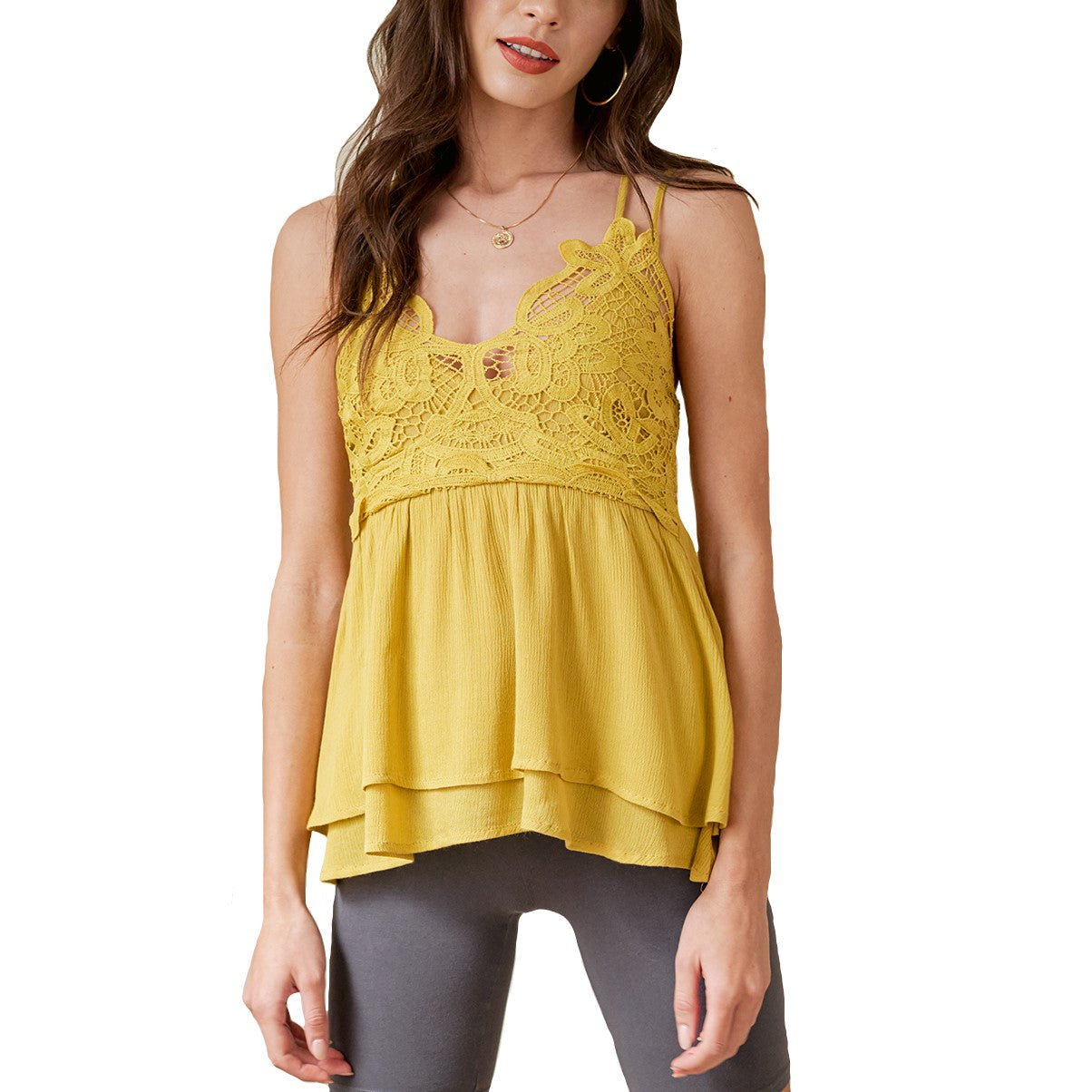 Listicle Ladies Crochet Lace Mustard Layered Tank Top LCM0019-MUS