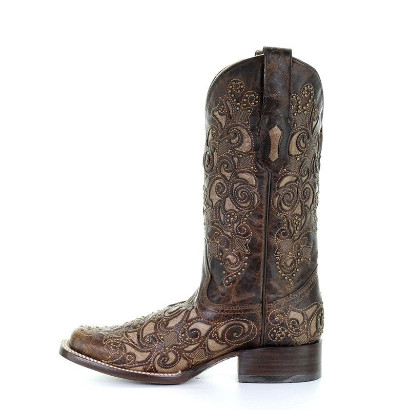 Corral Ladies Brown Inlay, Studs & Embroidery Boots A3326
