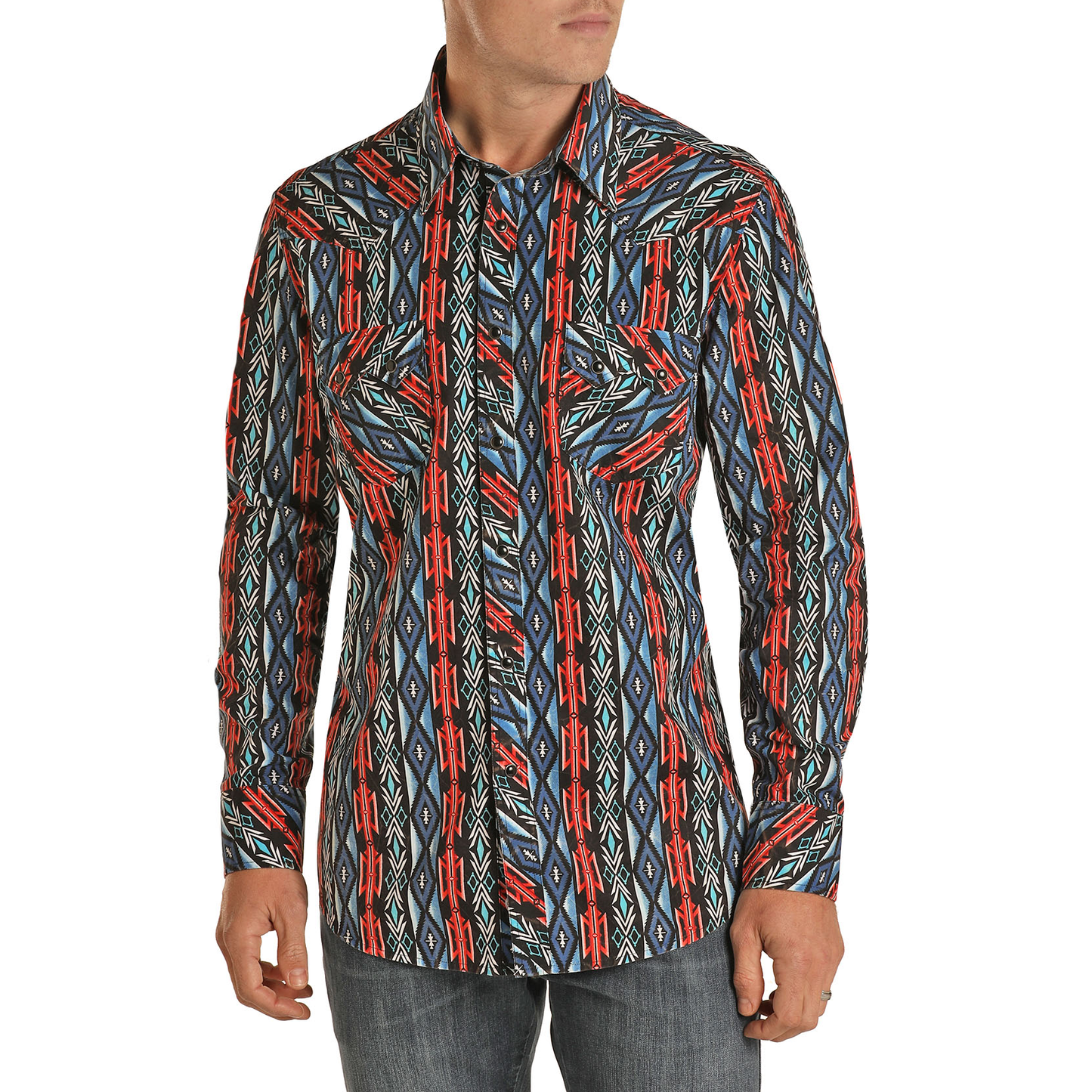 Rock & Roll Cowboy Men's Long Sleeve Aztec Print Snap Shirt B2S1302