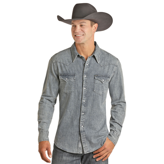 Rock & Roll Cowboy Men's Solid Denim Long Sleeve Snap Shirt B2S2311