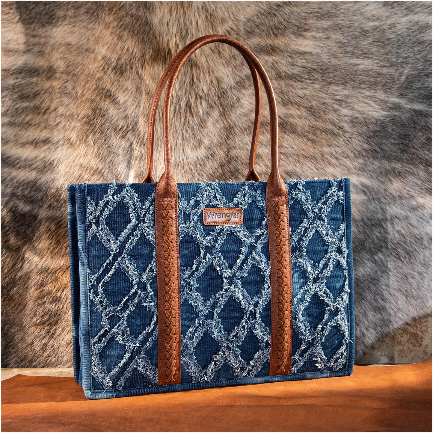 Wrangler Ladies Frayed Fringe Dual Sided Canvas Wide Denim Tote