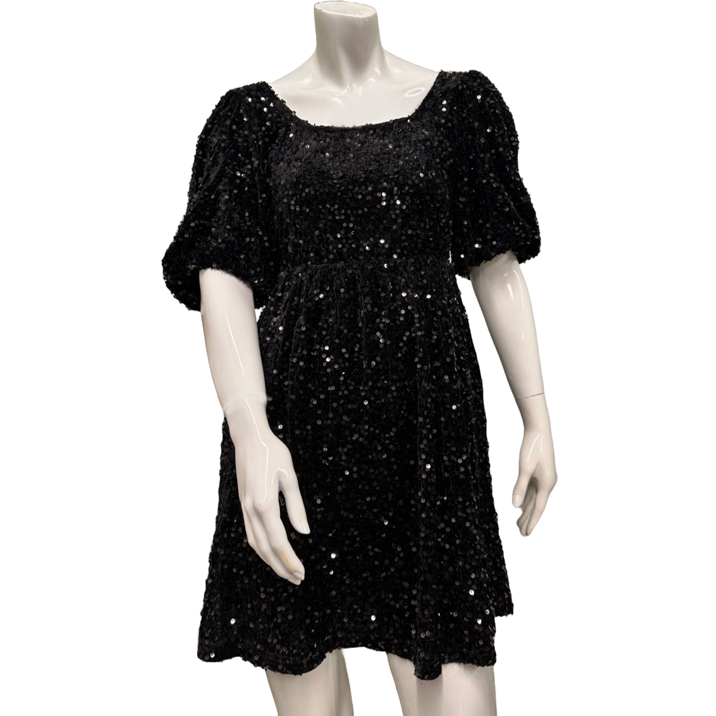 Listicle Ladies Sequin Puff Sleeve Velvet Black Babydoll Dress LD1300- Listicle Ladies Sequin Puff Sleeve Velvet Black Babydoll Dress LD1300-