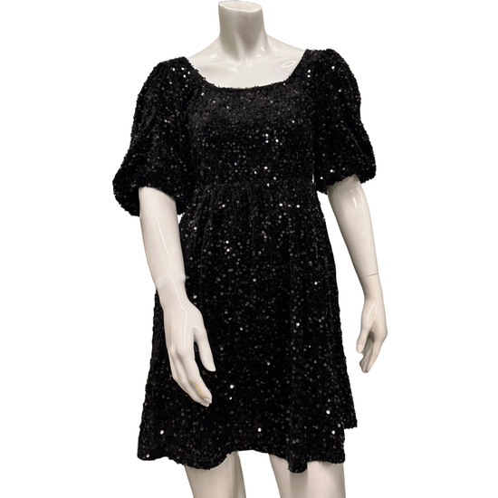 Listicle Ladies Sequin Puff Sleeve Velvet Black Babydoll Dress LD1300-BLK