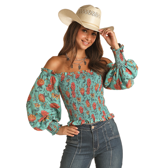 Rock & Roll Denim Ladies Off-Shoulder Floral Printed Shirt RRWT51R0V9