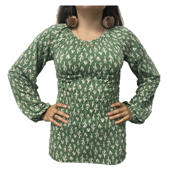 Cruel Girl Ladies Green Cactus Print Smocked Top CTK7391001 Cruel Girl Ladies Green Cactus Print Smocked Top CTK7391001