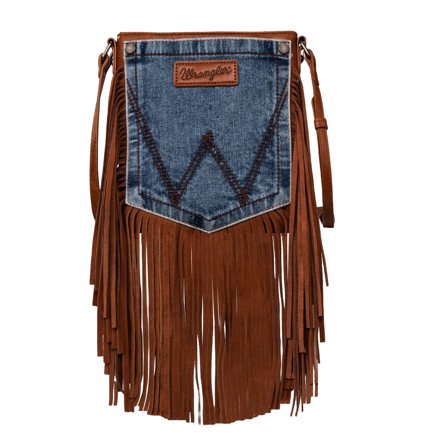 Wrangler Ladies Leather Fringe Denim Brown Crossbody Bag WG44-8360BR