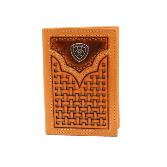 Ariat® Men's Basket Weave Pierced Shield Brown Trifold Wallet A3540648