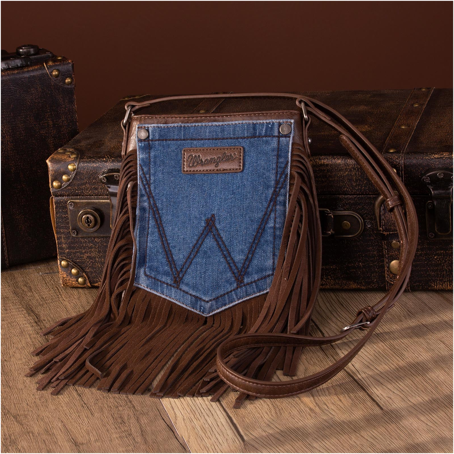 Wrangler Ladies Leather Fringe Denim Coffee Brown Crossbody Bag WG44-8360CF